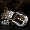 Carved Pin Buckle Leather Belt with Embossed Flower Pattern - Wine Red Black Camel - Alloy Buckle - National Style - Unisex - 3.2cm Wide