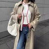 Women's Khaki Polo Trench Coat in Polyester - Stylish single-breasted long sleeve winter wear for women. Quality autumn fashion.