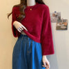 Chic Short Knitted Top in Dark Red - Trendy design with tassel detail, perfect for New Year. Women's urban style pullover.