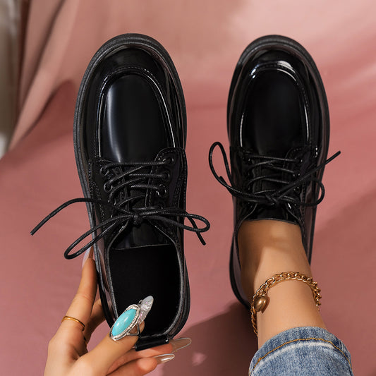 Retro Big Toe Lace-up Small Leather Shoes Women's Thick Sole Height Increasing