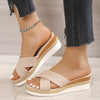 Plus Size Platform Wedges: Cloth Covered Peep-Toe Slippers in Black, Camel or Apricot. Stylish Fish Mouth Toe Holder Design. Sizes 35-43.