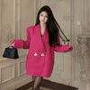 Elegant Retro-Style Rose Red Ladies Suit Jacket, Slim Fit Polyester Women's Fashion with Regular Sleeves