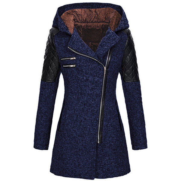 Warm Mid-Length Thermal Trench Coat with Unique Oblique Zipper