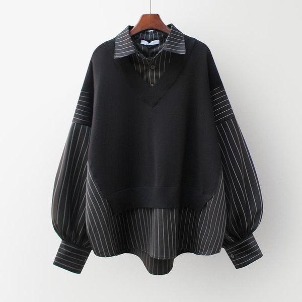 Sophisticated Patchwork Two-Piece Style Shirt in Black - Women's Casual Chic Cotton Top