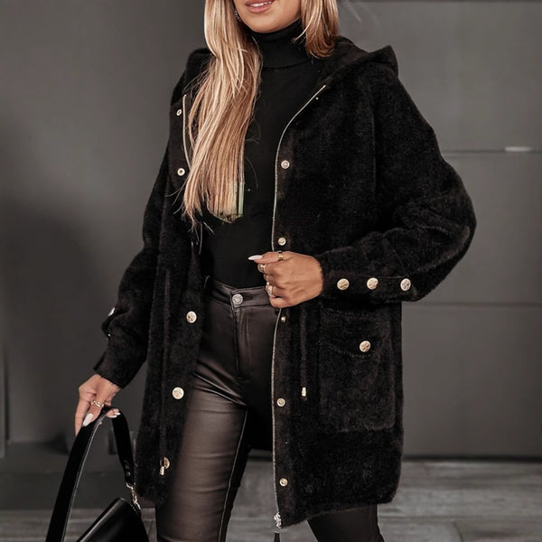 Stylish Drawstring Zip-Up Hooded Jacket for Ladies in Polyester - Black, Khaki, White - S to 3XL - Fashionable Mid-Length Coat.