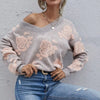 Cozy Gray Rose Pattern Loose Women's Sweater - Autumn/Winter Fashion. High-quality acrylic fabric, geometric design. Sizes: S, M, L.