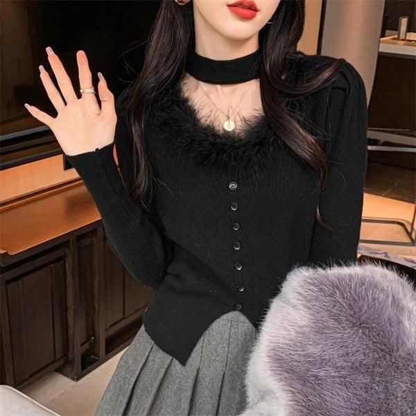 Trendy Furry Halter Sweater in Noir Black, Cut-Out Design, Fall & Winter Fashion for Women