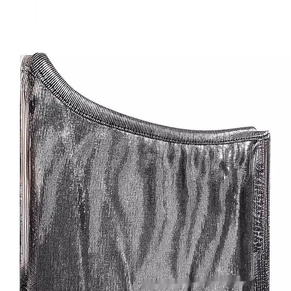 Chic Off-Shoulder Sequin T-Shirt for Ladies in Silver Grey - Elegant Party Top with Stripes/Plaid Pattern - Sizes S to XL.
