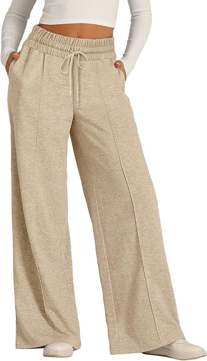 Women's Solid Color Casual Wide Leg Drawstring Elastic Waist Sweatpants