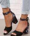 Chic Embroidered Chunky Heel Sandals in Blue - Women's High Heel Sandals with Ankle-Strap Buckle & Pointed Toe