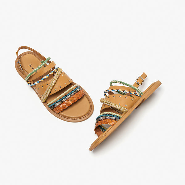 Handwoven Leather Flat Sandals for Women, Summer Collection - Stylish, Comfortable, Elegant Design, Multiple Colors, 1cm Heel