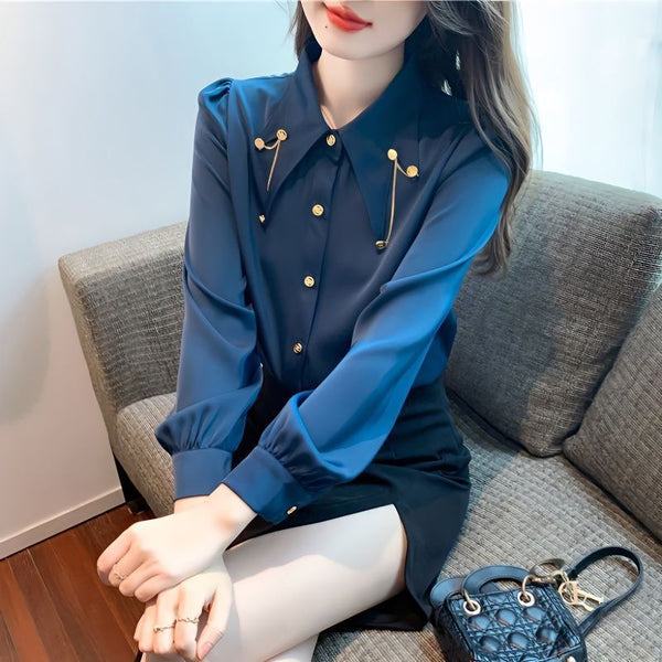 Chic Western Chiffon Top with Fashion Chain Patchwork in Pure White