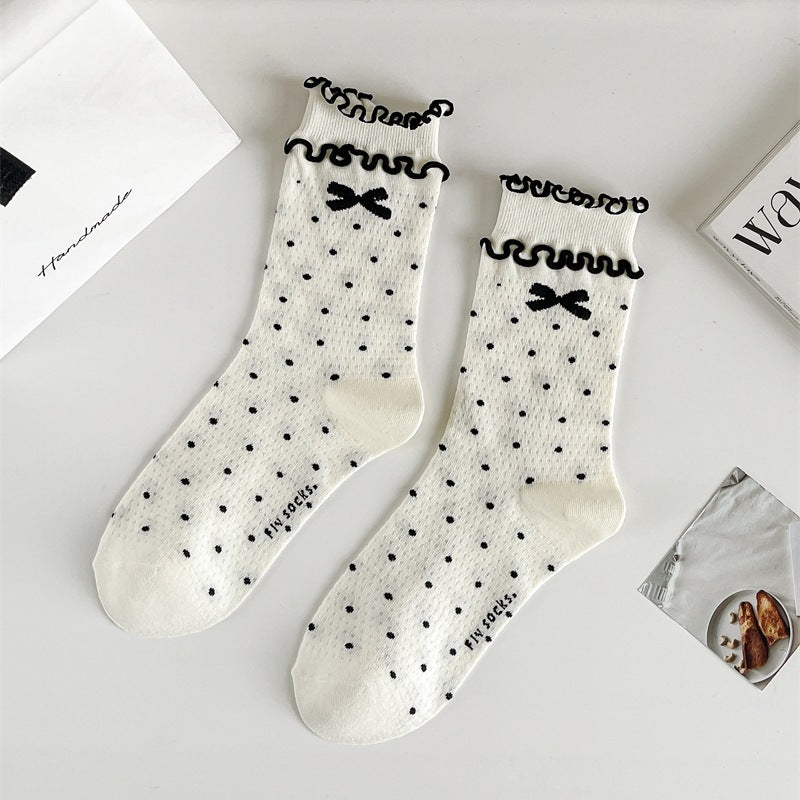 Three-dimensional Curling Polka Dot Bow Female Ballet Style Pure Cotton Mid-calf Length Socks