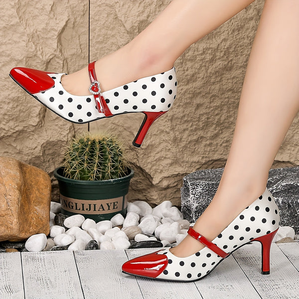 Chic polka dot Mary Jane kitten heels with heart-shaped ankle strap, perfect for vintage style and all-season wear.