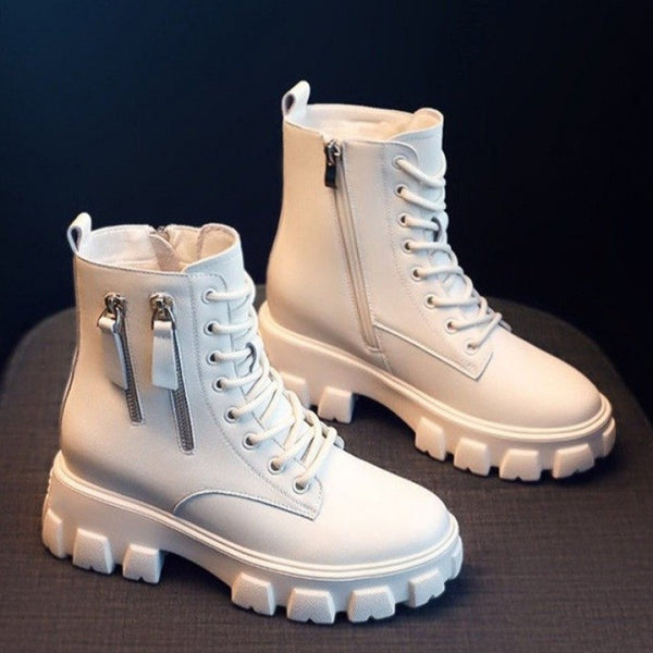 Warm Beige Fleece-Lined Cotton-Padded Shoes with Square Heel | Autumn Winter Boots