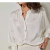French-Style Silk Women's Shirt in Orange and White with Lantern Sleeves