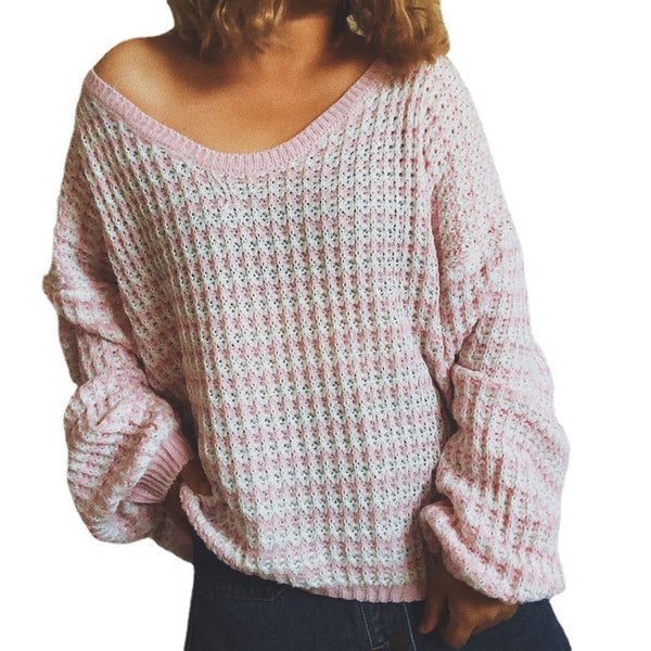 Chic Striped Wool Sweater Women V-neck Winter Fashion