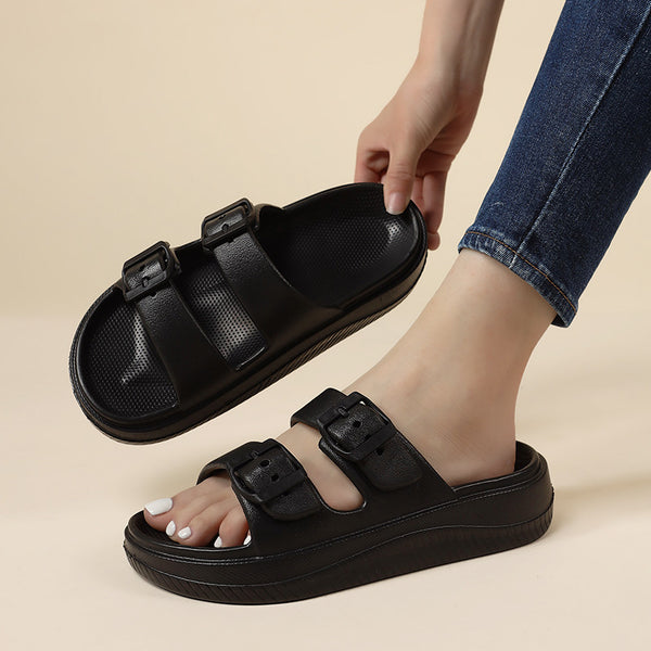 Women's Double Buckle Comfort Slippers - Non-slip Beach Sandals in White, Black, or Khaki - EVA Material - Wide Sizes