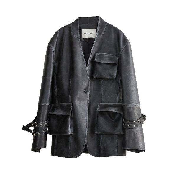 Chic faux leather jacket with 3D pockets in retro colors, black, sizes S, M, L - fashionable women's outerwear.