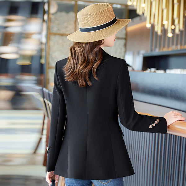 Chic Spring/Autumn Slim-Fit Women's Suit Jacket in Black - Professional & Casual Wear - Sizes S-XXXXL - Solid Color - Pockets Included