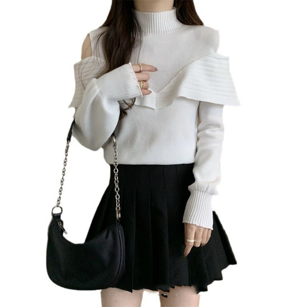 Elegant Korean-Style Half-Turtleneck Sweater in Black/White - Universal Fit Luxe Blend - Ruffle Detail - Women's Fashion