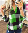 Plaid Flannel Shirt - Women's V-Neck Top, Polyester, Long Sleeve Casual Wear, Fall Winter Fashion
