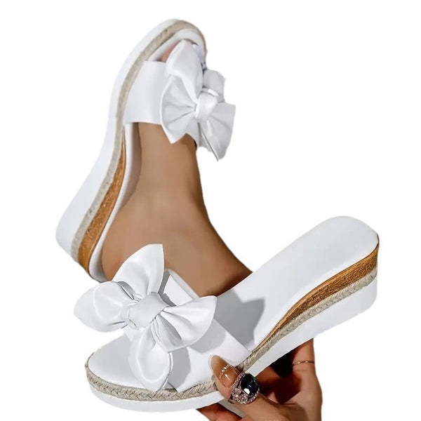 Chic Leather Wedge Bow Slippers in Black & White - Women's Casual Footwear - Sizes 36-42 - PU Leather Lined - Sandals Included.