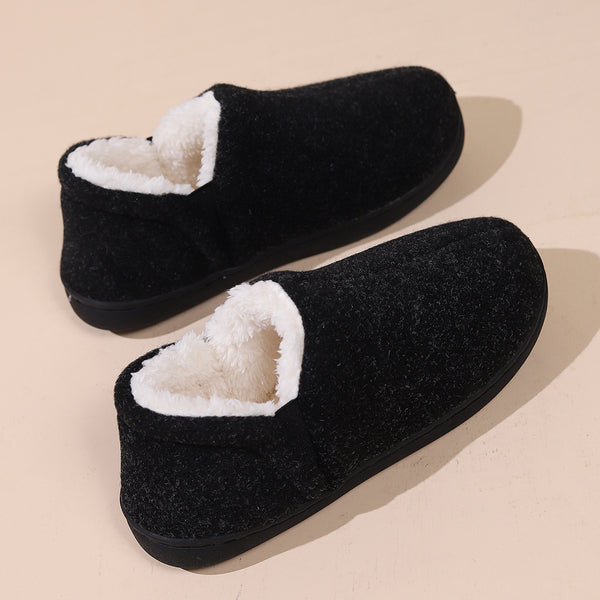 Winter Fur Collar Memory Foam Indoor Slippers - Black Wine Red Brown - Unisex - Ankle Wrap - Cotton - Gentle Oval Heel - Rubber Soles
