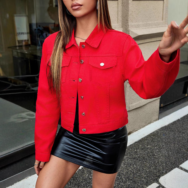 Chic Red Denim Jacket with Pockets - Everyday Essential Men's Fashion Piece