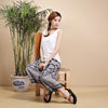 Women's Ethnic-Print Linen Bloomer Pants in Blue and White - Retro Style Straight-Cut Cropped Pants - Female National Fashion Trend - Free Size