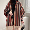 Winter Warmth Ethnic Hooded Shawl Cape with Stripe Pattern & Tassels - Woolen Fall Fashion Statement
