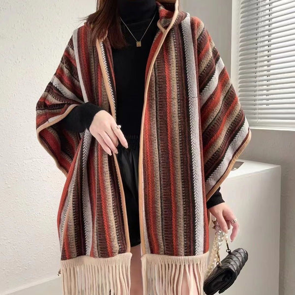 Winter Warmth Ethnic Hooded Shawl Cape with Stripe Pattern & Tassels - Woolen Fall Fashion Statement