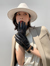 Women's Black Velvet-Lined Sheepskin Touch Screen Gloves for Winter Warmth. Non-Slip & Stylish. Sizes M & L.