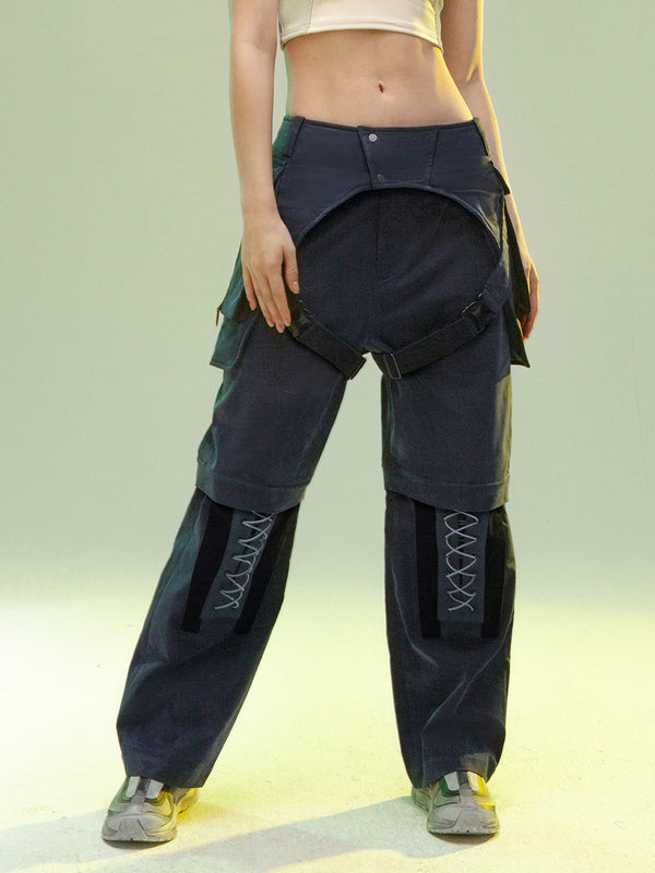 Detachable Leg Casual Pants in Dark Night Blue - Straight Profile. Men's Nylon Pants with Pocket Decoration. Comfortable and Stylish.