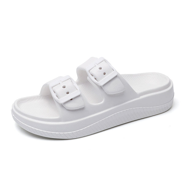 Women's Double Buckle Slippers - Non-slip Beach Sandals in White, Black, Khaki - EVA Material - Comfortable & Stylish Shoes