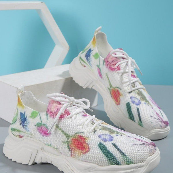 Feminine Floral Print Sports Shoes for Women - Comfortable and Stylish Athletic Footwear with Flat Sole, Plus Sizes Available