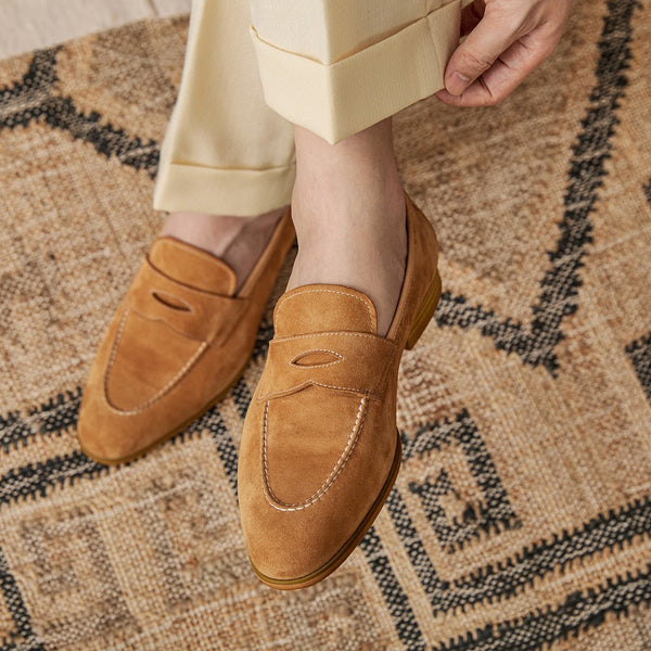 Comfy Brown Suede Slip-On Shoes with Square Toe and Thick Bottom Heels, Men's Stylish Footwear.