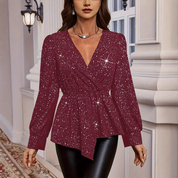 Elegant V-Neck Long Sleeve Top for Women in Black or Wine Red - Slim Fit Polyester Pullover - Available Sizes: S, M, L, XL - Stylish & Comfortable.