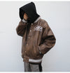 Chic Embroidered Leather Baseball Jacket in Black, Brown & Quilted Variations with Stylish Collar & Zipper Placket