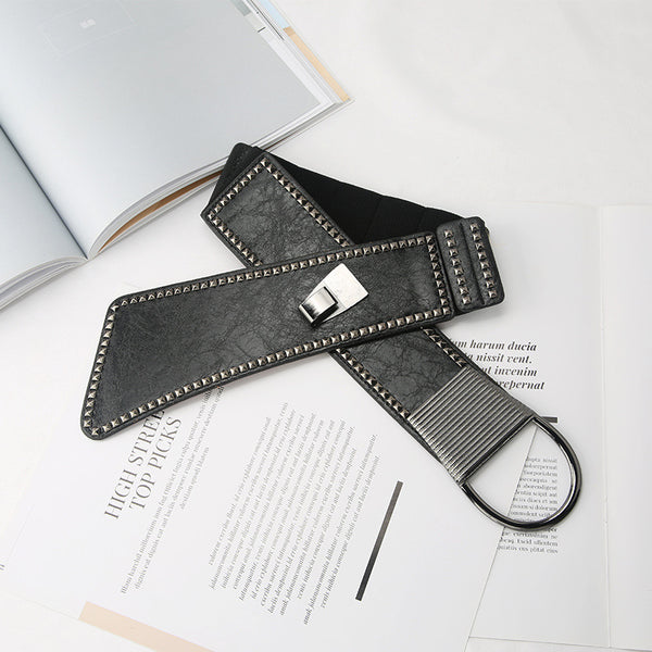 Chic Adjustable Elastic Rivet Belt for Women - Black PU Leather & Alloy Buckle - Fashion Waist Accessory - Women's Belt