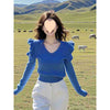 Cozy Atmosphere Ruffled Collar Sweater in Klein Blue with flying sleeves and hollow craft design