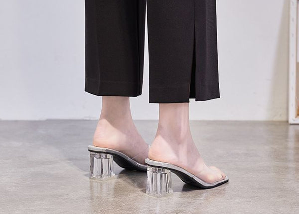 Chic Square Toe Crystal Heel Sandals - Korean Style Elegant Footwear with High Heel, Microfiber & Rubber Sole - Women's Fashion