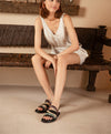 Women's Black Roman Flat Sandals with Single Buckle Closure - Real-Leather Elegant Design Inspired by Rome - Sizes 35-39