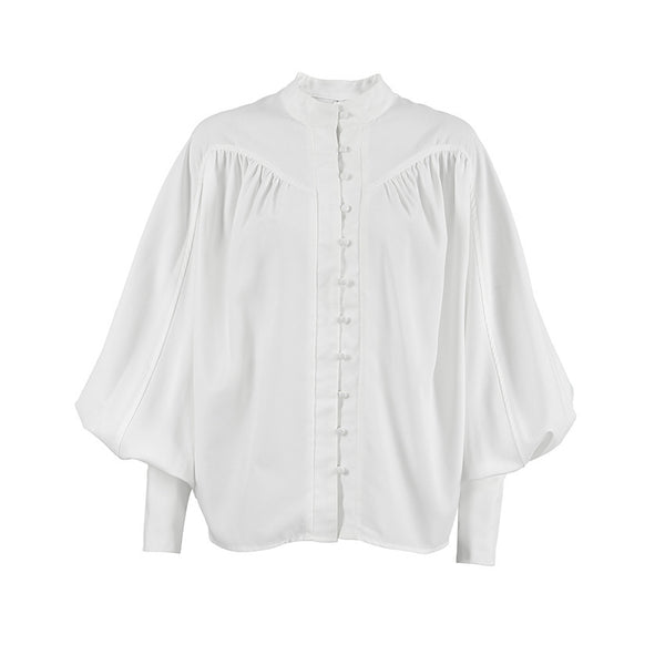 White Puff Sleeve Blouse with Stand-up Collar, Lantern Sleeves, Polyester, Elegant Women's Fashion