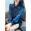 Chic Western White Chiffon Top with Fashion Chain Patchwork, Long Sleeve Statement Piece