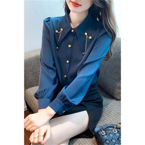 Chic Western White Chiffon Top with Fashion Chain Patchwork, Long Sleeve Statement Piece