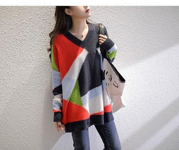 Women's V-Neck Rainbow Sweater, Casual Knitted Pullover, Long Sleeve Polyester Top
