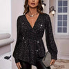 Elegant V-Neck Long-Sleeve Top, Women's Fashion, Polyester, Black, Wine Red