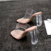 Women's Apricot Transparent Crystal Mid-Heel Sandals - Korean Fashion Statement Footwear with PU Lining and Rubber Sole