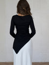 Elegant Black Asymmetric Hem Long-Sleeve Top - Chic, High Elasticity, Polyester, Slim Fit - Women's Casual Wear